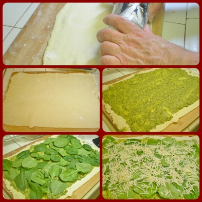 Rolling out the puff pastry and layering with all the ingredients.